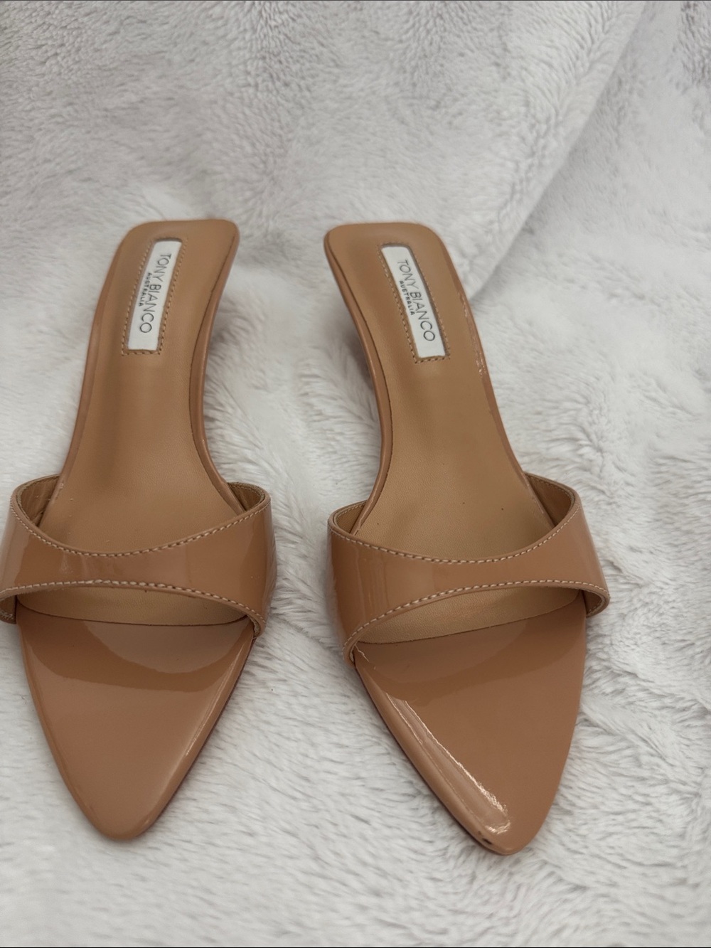 Tony Bianco Beige Patent Pointed Slide Mules